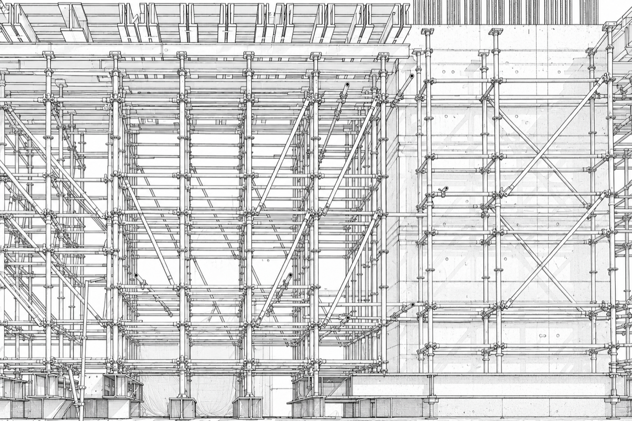 Élévation technique d'un échafaudage multidirectionnel Layher — montants, diagonales de contreventement et planchers