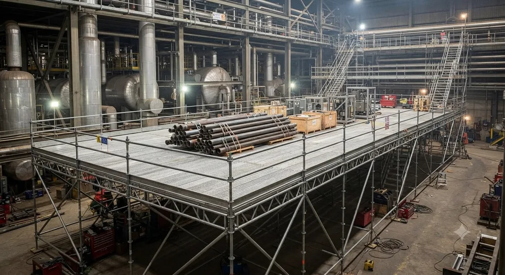 Plateforme porteuse en environnement industriel, chargée de tubes et d'équipements